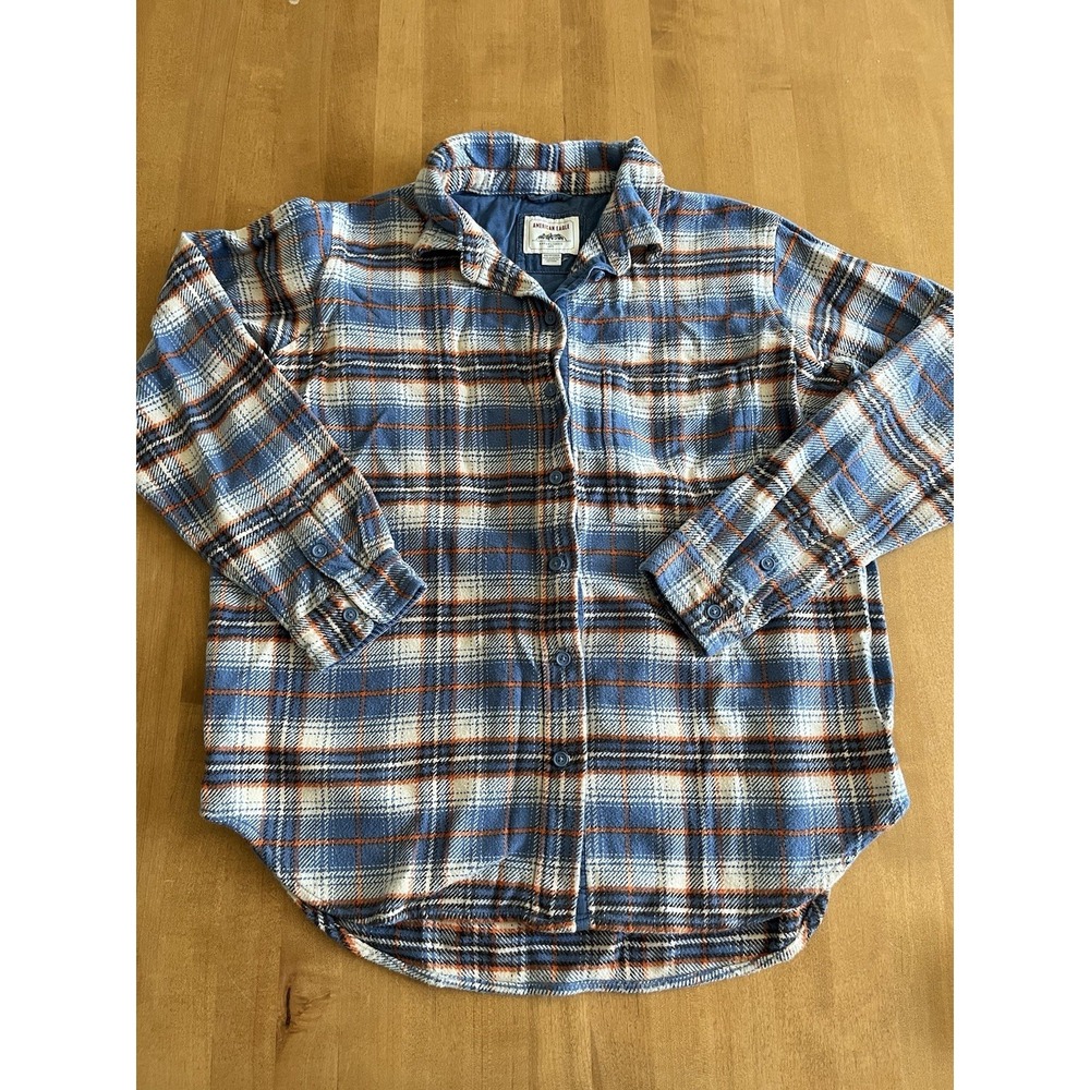 American Eagle Womens‎ Blue Orange Plaid Flannel Cropped Button Down Shirt Sz XS